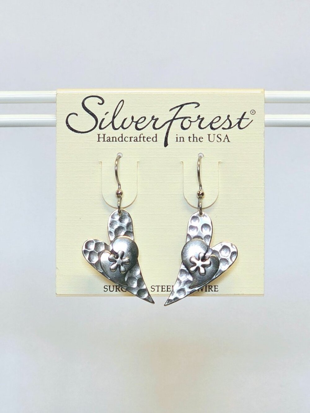 Silver Forest Hammered Double Heart Dangle Earrings